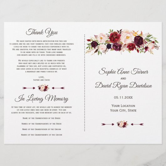 Toverachtig Burgundy Rode Marsala Bloem Bruiloftsp (Voorkant)