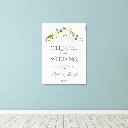 Toverachtig wit crèmewit bloemstuk welkomst Huweli Canvas Afdruk (Insitu (Houten vloer))