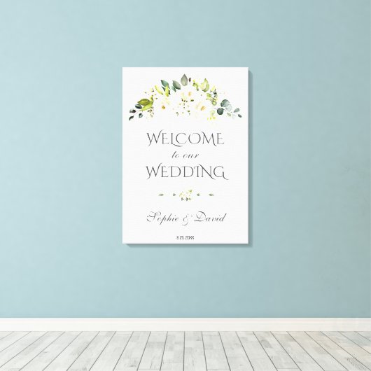 Toverachtig wit crèmewit bloemstuk welkomst Huweli Canvas Afdruk (Insitu (Houten vloer))