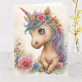 Toverachtige Baby Eenhoorn Waterverf Kaart (Gele Bloem)
