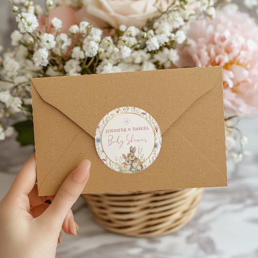 Toverachtige Beige Wilde Bloem Baby Shower Konijn Ronde Sticker