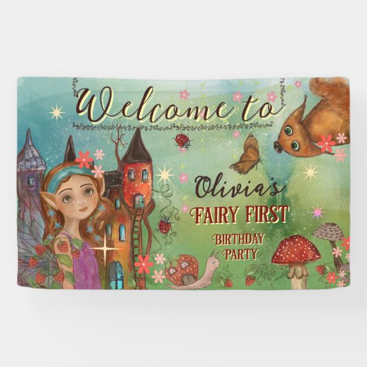 Toverachtige Bosfee Eerste Verjaardag Muur Banner (Horizontaal)