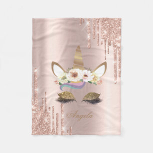 Toverachtige Eenhoorn Bloem Roze Gouden Glitterdru Fleece Deken