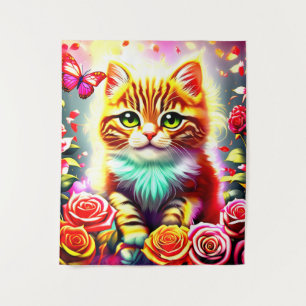 "Toverachtige Tabbykat met Rozen en Vlinder Kunst Wandkleed
