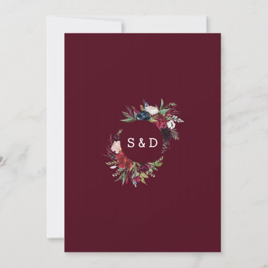 Toverachtige Tuin Burgundy Blauwe Bloemen Bruiloft Kaart (Achterkant)