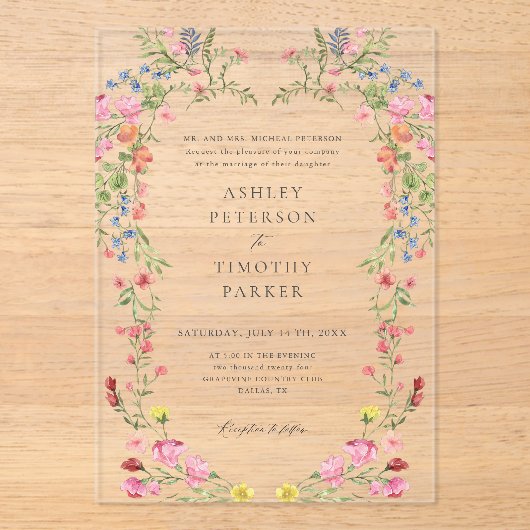 Toverachtige Tuin Wilde Bloem Klassieke Trouw  Acryl Uitnodigingen (Voorkant)