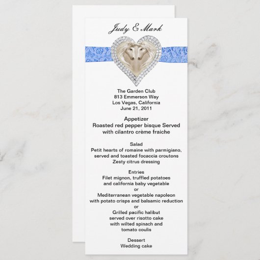 Toverblauwe kanten trouwmenu kaart (Voorkant / Achterkant)