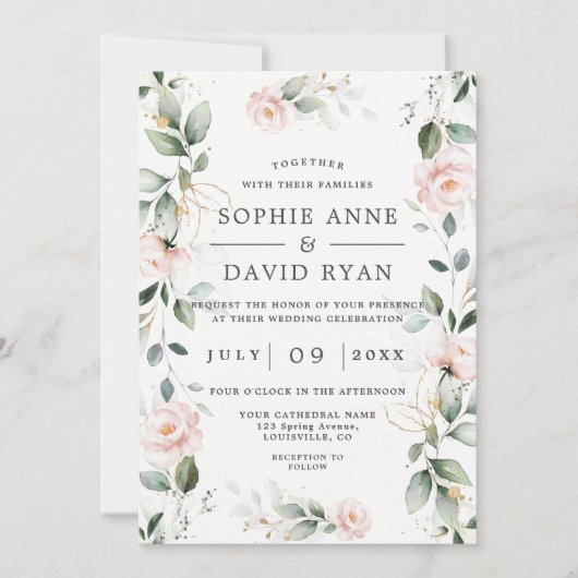 Toverende Blush Bloemen Gouden Bladeren Alles in E Kaart (Voorkant)