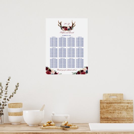 Toverende Merlot Navy Bladwerk Gewei Stoelenplatte Poster (Keuken)