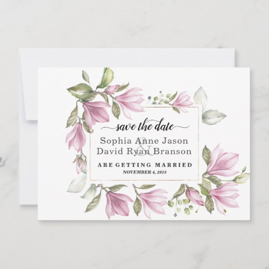 Toverende Roze Magnolia Bloemen Bruiloft Calligraf Save The Date (Voorkant)