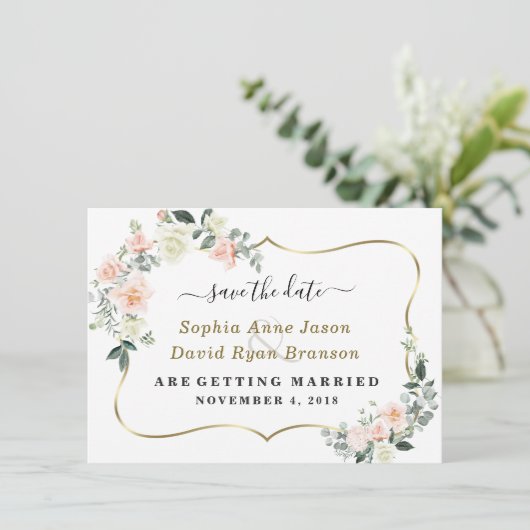 Toverende Roze Witte Bloemen Bruiloft Calligrafie Save The Date (Staand voorkant)