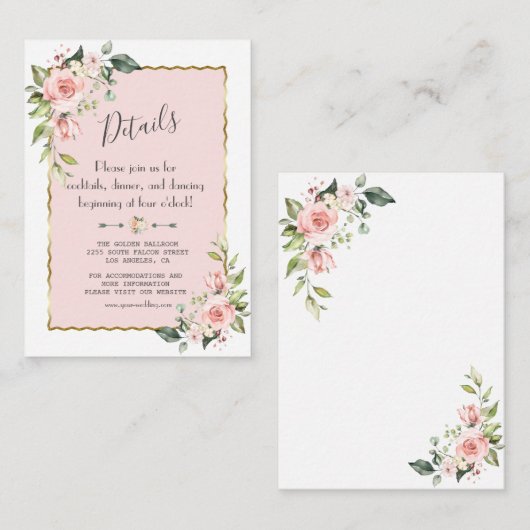 Toverfijne waterverf roze bloemen gouden bruiloft informatiekaartje (Voorkant / Achterkant)