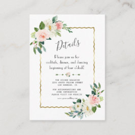 Toverfijne waterverf roze bloemen gouden trouwdeta informatiekaartje