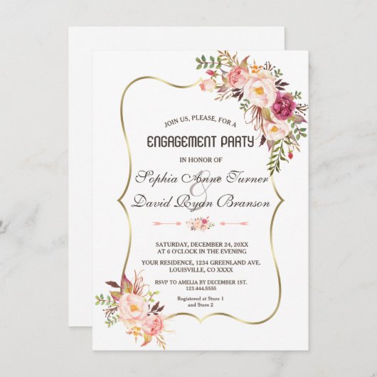 Tovergoud Blush Roze Bloem Verlovingsfeest Kaart (Voorkant / Achterkant)