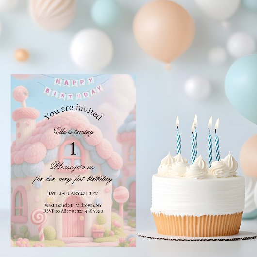 Toverhuis Roze 1e Verjaardag Kaart