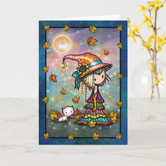 Toverkaart met Schattige Heks en Knuffelkat Kaart (Gele Bloem)