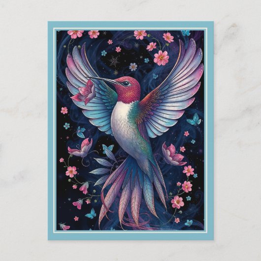Toverkolibrie Iridiserende Vleugels Roze Bloemen Briefkaart (Voorkant)