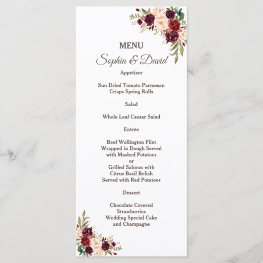 Toverlaatse Burgundy Rode Marsala Bloem Bruiloftsm Menu (Voorkant)