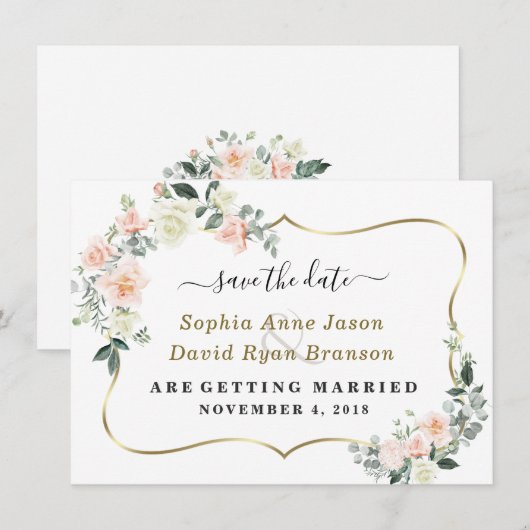 Toverlappende witte bloemen bruiloft calligrafie save the date (Voorkant / Achterkant)