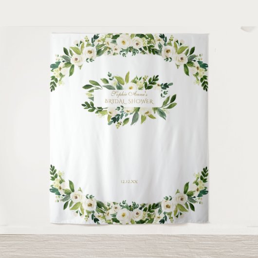 Toverlappende witte bloemen bruiloftsshower fotoho wandkleed (Voorkant)