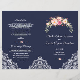 Toverlating Roze Bloemen Kant Navy Trouwprogramma Flyer