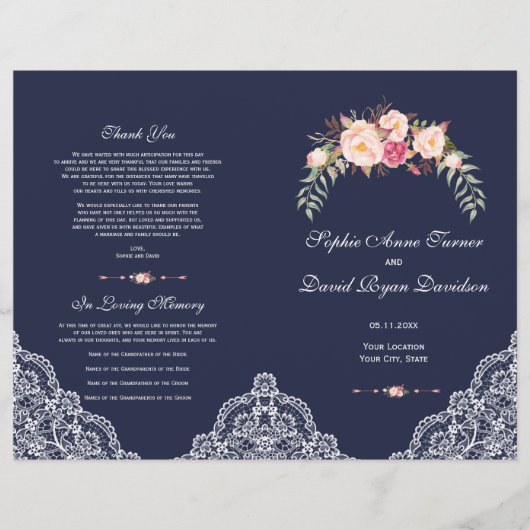 Toverlating Roze Bloemen Kant Navy Trouwprogramma Flyer (Voorkant)