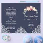 Toverlating Roze Bloemen Kant Navy Trouwprogramma Flyer (Enkel)
