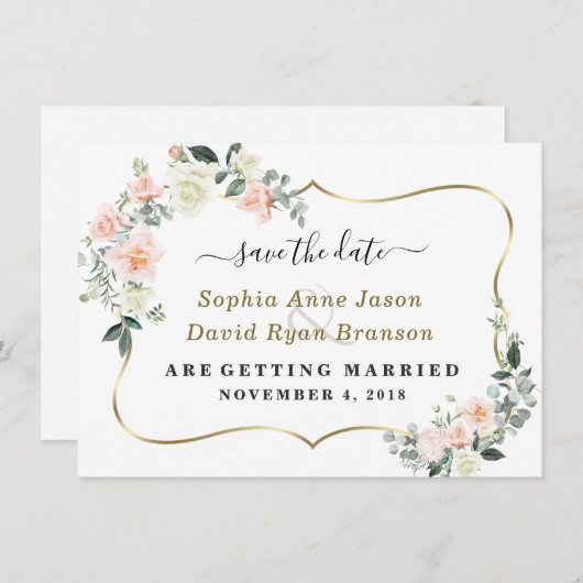 Toverliefde Blush Witte Bloemen Bruiloft Calligraf Save The Date (Voorkant / Achterkant)