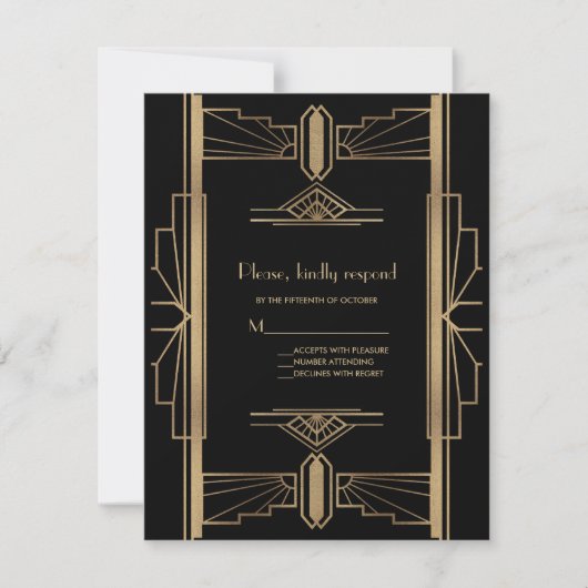 Toverschitterende Roaring 20's Goud Zwart Art Deco RSVP Kaartje (Voorkant)