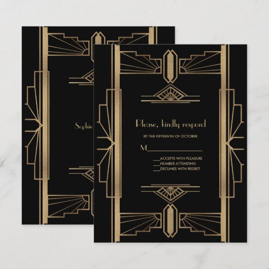 Toverschitterende Roaring 20's Goud Zwart Art Deco RSVP Kaartje (Voorkant / Achterkant)