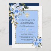 Toverschone Blauwe Bloemen Gouden Kruis Jongensbev Kaart (Voorkant / Achterkant)