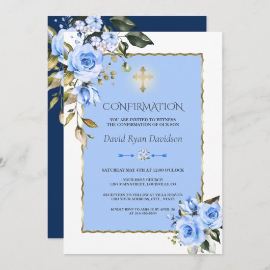 Toverschone Blauwe Bloemen Gouden Kruis Jongensbev Kaart (Voorkant / Achterkant)