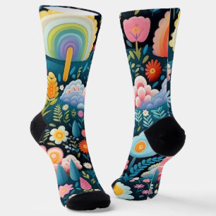 Toversier Regenboogtuin Bloemige Fantasie Patroon Sokken
