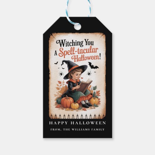 Toversprekende Heks van Halloween Oude Pompoen Cadeaulabel (Voorkant)