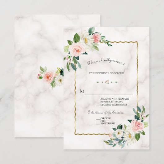 Toverzicht Waterverf Blozende Bloemen Gouden Marme RSVP Kaartje (Voorkant / Achterkant)