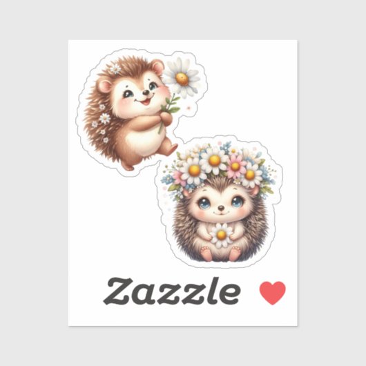  Tow cuteRomantic Floral Hedgehog Duo Illustration Sticker (Vel)