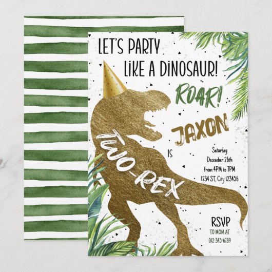 Tow-Rex Dinosaur Gouden Tweede Verjaardagsfeestje Kaart (Voorkant / Achterkant)