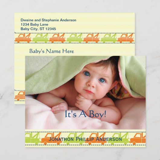 Tow Truck Baby Boy Aankondiging (Voorkant / Achterkant)