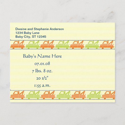 Tow Truck Baby Boy Aankondiging (Achterkant)
