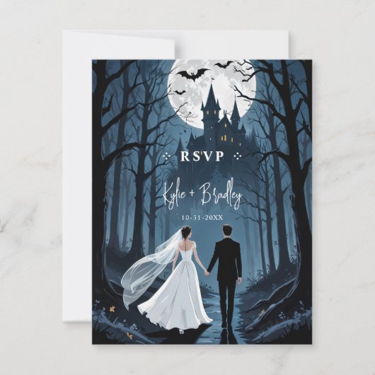 Toward Haunted Castle Wedding Couple Spooky Forest RSVP Kaartje (Voorkant)
