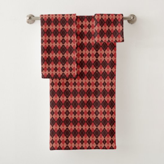 Towels with a red and black argyle pattern bad handdoek (Insitu)