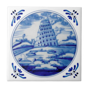 Tower van Babel Blue White Delft 19th Century Repr Tegeltje