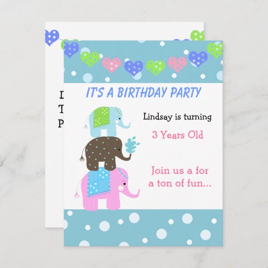 Tower van Elephants Birthday Invitation Kaart (Voorkant / Achterkant)