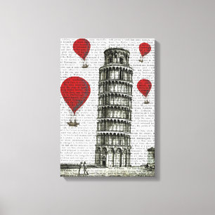 Tower van Pisa en Red Hot Air-ballonnen Canvas Afdruk