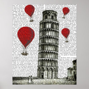 Tower van Pisa en Red Hot Air-ballonnen Poster