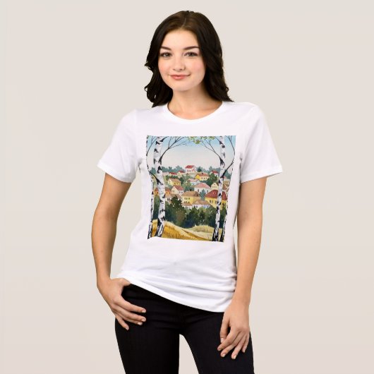 Town on a hill seen through birch trees Tri-Blend shirt (Voorkant volledig)