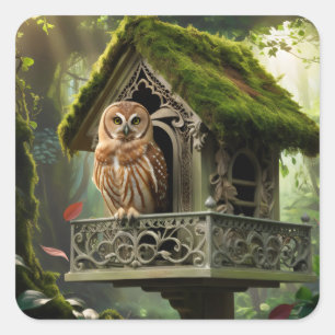 Towny uil en huis vierkante sticker