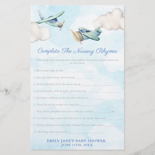 Toy Airplane Nursery Rhymes Baby Shower Game Card Flyer (Voorkant)