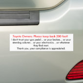 Toyotas, blijf terug bumpersticker (Op auto)