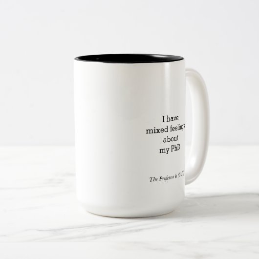 TPIO "Ik heb gemengde gevoelens over mijn PhD"-Mok Tweekleurige Koffiemok (Voorkant rechts)